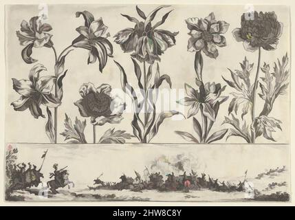 Art inspiré par un panneau horizontal avec une rangée de fleurs au-dessus d'un Frieze avec une scène de bataille dans un paysage, de Livre Nouveau de fleurs Tres-Util, 1645, Etching et burin, feuille: 3 1/8 × 4 7/16 po. (7,9 × 11,3 cm), Nicolas Cochin (français, Troyes 1610–1686 Paris), en haut, une horizontale, Œuvres classiques modernisées par Artotop avec une touche de modernité. Formes, couleur et valeur, impact visuel accrocheur sur l'art émotions par la liberté d'œuvres d'art d'une manière contemporaine. Un message intemporel qui cherche une nouvelle direction créative. Artistes qui se tournent vers le support numérique et créent le NFT Artotop Banque D'Images