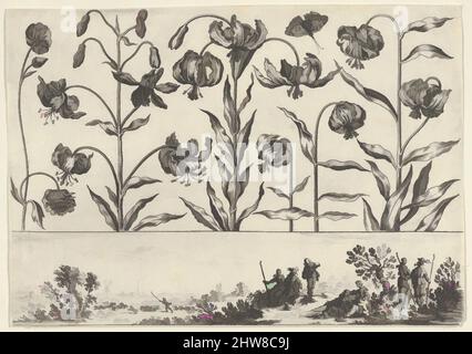 Art inspiré par le panneau horizontal avec une rangée de fleurs au-dessus d'un Frieze avec des figures dans un paysage, de Livre Nouveau de fleurs Tres-Util, 1645, Etching et burin, feuille: 3 1/8 × 4 7/16 po. (7,9 × 11,3 cm), Nicolas Cochin (français, Troyes 1610–1686 Paris), en haut, un panneau horizontal, Œuvres classiques modernisées par Artotop avec une touche de modernité. Formes, couleur et valeur, impact visuel accrocheur sur l'art émotions par la liberté d'œuvres d'art d'une manière contemporaine. Un message intemporel qui cherche une nouvelle direction créative. Artistes qui se tournent vers le support numérique et créent le NFT Artotop Banque D'Images