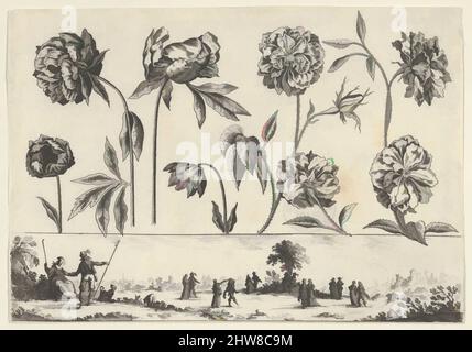 Art inspiré par le panneau horizontal avec une rangée de fleurs au-dessus d'un Frieze avec des figures dans un paysage, de Livre Nouveau de fleurs Tres-Util, 1645, Etching et burin, feuille: 3 1/8 × 4 1/2 po. (7,9 × 11,4 cm), Nicolas Cochin (français, Troyes 1610–1686 Paris), en haut, un panneau horizontal avec, œuvres classiques modernisées par Artotop avec une touche de modernité. Formes, couleur et valeur, impact visuel accrocheur sur l'art émotions par la liberté d'œuvres d'art d'une manière contemporaine. Un message intemporel qui cherche une nouvelle direction créative. Artistes qui se tournent vers le support numérique et créent le NFT Artotop Banque D'Images