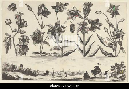 Art inspiré par un panneau horizontal avec une rangée de fleurs au-dessus d'un Frieze avec une scène de chasse dans un paysage, de Livre Nouveau de fleurs Tres-Util, 1645, Etching et burin, feuille: 2 15/16 × 4 5/8 po. (7,5 × 11,7 cm), Nicolas Cochin (français, Troyes 1610–1686 Paris), en haut, une horizontale, Œuvres classiques modernisées par Artotop avec une touche de modernité. Formes, couleur et valeur, impact visuel accrocheur sur l'art émotions par la liberté d'œuvres d'art d'une manière contemporaine. Un message intemporel qui cherche une nouvelle direction créative. Artistes qui se tournent vers le support numérique et créent le NFT Artotop Banque D'Images