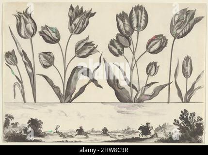 Art inspiré par un panneau horizontal avec une rangée de fleurs au-dessus d'un Frieze avec une scène de chasse dans un paysage, de Livre Nouveau de fleurs Tres-Util, 1645, Etching et burin, feuille: 3 1/8 × 4 1/2 po. (7,9 × 11,4 cm), Nicolas Cochin (français, Troyes 1610–1686 Paris), en haut, une horizontale, Œuvres classiques modernisées par Artotop avec une touche de modernité. Formes, couleur et valeur, impact visuel accrocheur sur l'art émotions par la liberté d'œuvres d'art d'une manière contemporaine. Un message intemporel qui cherche une nouvelle direction créative. Artistes qui se tournent vers le support numérique et créent le NFT Artotop Banque D'Images