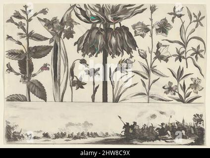 Art inspiré par un panneau horizontal avec une rangée de fleurs au-dessus d'un Frieze avec une scène de bataille dans un paysage, de Livre Nouveau de fleurs Tres-Util, 1645, Etching et burin, feuille: 3 1/8 × 4 1/2 po. (7,9 × 11,4 cm), Nicolas Cochin (français, Troyes 1610–1686 Paris), en haut, une horizontale, Œuvres classiques modernisées par Artotop avec une touche de modernité. Formes, couleur et valeur, impact visuel accrocheur sur l'art émotions par la liberté d'œuvres d'art d'une manière contemporaine. Un message intemporel qui cherche une nouvelle direction créative. Artistes qui se tournent vers le support numérique et créent le NFT Artotop Banque D'Images