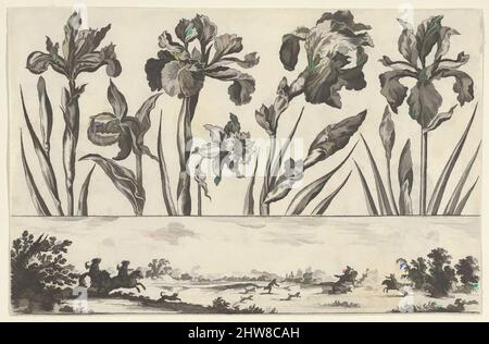 Art inspiré par un panneau horizontal avec une rangée de fleurs au-dessus d'un Frieze avec une scène de chasse dans un paysage, de Livre Nouveau de fleurs Tres-Util, 1645, Etching et burin, feuille: 2 15/16 × 4 1/2 po. (7,4 × 11,5 cm), Nicolas Cochin (français, Troyes 1610–1686 Paris), en haut, une horizontale, Œuvres classiques modernisées par Artotop avec une touche de modernité. Formes, couleur et valeur, impact visuel accrocheur sur l'art émotions par la liberté d'œuvres d'art d'une manière contemporaine. Un message intemporel qui cherche une nouvelle direction créative. Artistes qui se tournent vers le support numérique et créent le NFT Artotop Banque D'Images