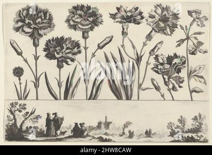 Art inspiré par le panneau horizontal avec une rangée de fleurs au-dessus d'un Frieze avec des figures dans un paysage, de Livre Nouveau de fleurs Tres-Util, 1645, Etching et burin, feuille: 2 15/16 × 4 5/8 po. (7,5 × 11,7 cm), Nicolas Cochin (français, Troyes 1610–1686 Paris), en haut, un panneau horizontal, Œuvres classiques modernisées par Artotop avec une touche de modernité. Formes, couleur et valeur, impact visuel accrocheur sur l'art émotions par la liberté d'œuvres d'art d'une manière contemporaine. Un message intemporel qui cherche une nouvelle direction créative. Artistes qui se tournent vers le support numérique et créent le NFT Artotop Banque D'Images