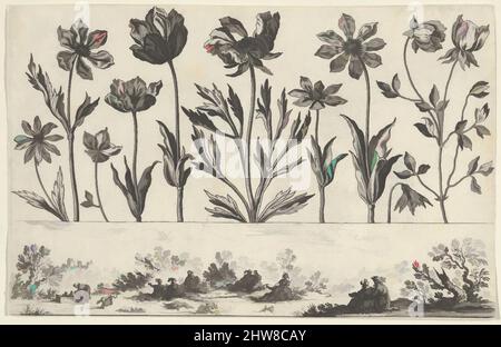 Art inspiré par le panneau horizontal avec une rangée de fleurs au-dessus d'un Frieze avec des figures dans un paysage, de Livre Nouveau de fleurs Tres-Util, 1645, Etching et burin, feuille: 2 15/16 × 4 5/8 po. (7,4 × 11,7 cm), Nicolas Cochin (français, Troyes 1610–1686 Paris), en haut, un panneau horizontal, Œuvres classiques modernisées par Artotop avec une touche de modernité. Formes, couleur et valeur, impact visuel accrocheur sur l'art émotions par la liberté d'œuvres d'art d'une manière contemporaine. Un message intemporel qui cherche une nouvelle direction créative. Artistes qui se tournent vers le support numérique et créent le NFT Artotop Banque D'Images