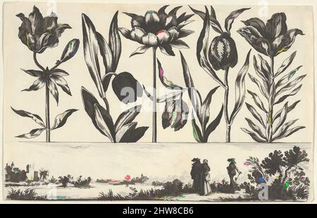 Art inspiré par le panneau horizontal avec une rangée de fleurs au-dessus d'un Frieze avec des figures dans un paysage, de Livre Nouveau de fleurs Tres-Util, 1645, Etching et burin, feuille: 2 15/16 × 4 5/8 po. (7,5 × 11,7 cm), Nicolas Cochin (français, Troyes 1610–1686 Paris), en haut, un panneau horizontal, Œuvres classiques modernisées par Artotop avec une touche de modernité. Formes, couleur et valeur, impact visuel accrocheur sur l'art émotions par la liberté d'œuvres d'art d'une manière contemporaine. Un message intemporel qui cherche une nouvelle direction créative. Artistes qui se tournent vers le support numérique et créent le NFT Artotop Banque D'Images