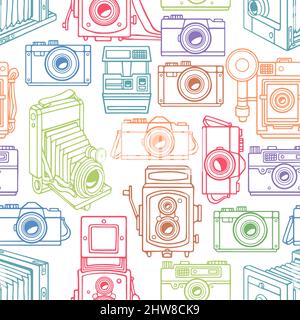 sans coutures avec différents modèles d'appareil photo vintage aux couleurs vives. illustration dessinée à la main Illustration de Vecteur