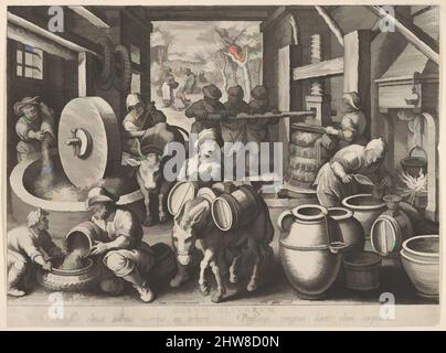 Art inspiré par les nouvelles inventions des temps modernes Nova Reperta, l'invention de la presse à huile d'olive, planche 12, ca. 1600, gravure, feuille : 10 5/8 x 7 7/8 po. (27 x 20 cm), tirages, Jan Collaert I (Netherlandish, Anvers ca. 1530–1581 Anvers), d'après Jan van der Straet, appelé Stradanus (, les œuvres classiques modernisées par Artotop avec une touche de modernité. Formes, couleur et valeur, impact visuel accrocheur sur l'art émotions par la liberté d'œuvres d'art d'une manière contemporaine. Un message intemporel qui cherche une nouvelle direction créative. Artistes qui se tournent vers le support numérique et créent le NFT Artotop Banque D'Images