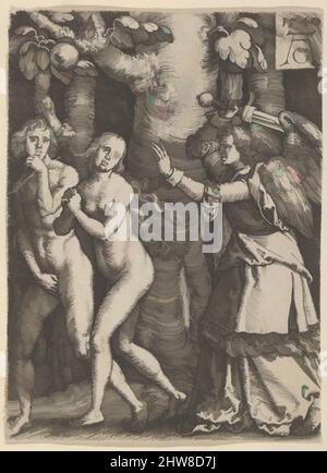 Art inspiré par l'expulsion du Paradis de l'histoire d'Adam et Eve, 1540, gravure, feuille: 3 7/16 × 2 1/2 po. (8,7 × 6,4 cm), tirages, Heinrich Aldégraissant (allemand, Paderborn ca. 1502–1555/1561 Soest), Adam et Eve s'enfuyant vers la gauche, tandis que l'Ange lève son épée à, Classic œuvres modernisées par Artotop avec une touche de modernité. Formes, couleur et valeur, impact visuel accrocheur sur l'art émotions par la liberté d'œuvres d'art d'une manière contemporaine. Un message intemporel qui cherche une nouvelle direction créative. Artistes qui se tournent vers le support numérique et créent le NFT Artotop Banque D'Images