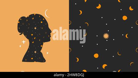 Dessin à la main vecteur résumé stock plat illustrations graphiques ensemble avec élément de logo, astrologie bohème art magique de l'espace galaxie, croissant de lune, étoiles, soleil Illustration de Vecteur