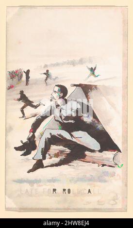 Art inspiré par la vie au camp, partie 1 : appel de fin de série, 1864, lithographie couleur, feuille : 4 1/8 x 2 3/8 po. (10,4 x 6,1 cm), Prints, Winslow Homer (American, Boston, Massachusetts 1836–1910 Prouts Neck, Maine, oeuvres classiques modernisées par Artotop avec une touche de modernité. Formes, couleur et valeur, impact visuel accrocheur sur l'art émotions par la liberté d'œuvres d'art d'une manière contemporaine. Un message intemporel qui cherche une nouvelle direction créative. Artistes qui se tournent vers le support numérique et créent le NFT Artotop Banque D'Images