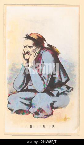 Art inspiré par la vie au camp, partie 2 : un Deserter, 1864, lithographie couleur, feuille : 4 1/8 x 2 3/8 po. (10,4 x 6,1 cm), Prints, Winslow Homer (American, Boston, Massachusetts 1836–1910 Prouts Neck, Maine), en 1864 Homer a conçu deux séries de cartes de collectionneurs lithographiées intitulées Life In, Classic Works modernisées par Artotop avec une touche de modernité. Formes, couleur et valeur, impact visuel accrocheur sur l'art émotions par la liberté d'œuvres d'art d'une manière contemporaine. Un message intemporel qui cherche une nouvelle direction créative. Artistes qui se tournent vers le support numérique et créent le NFT Artotop Banque D'Images