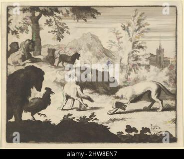 L'art inspiré par le Lion permet un combat entre le Loup et Renard de Hendrick van Alcmar Renard The Fox, 1650–75, gravure; troisième état de quatre, plaque: 3 11/16 × 4 9/16 po. (9,3 × 11,6 cm), estampes, Allart van Everdingen (néerlandais, Alkmaar 1621–1675 Amsterdam, œuvres classiques modernisées par Artotop avec une touche de modernité. Formes, couleur et valeur, impact visuel accrocheur sur l'art émotions par la liberté d'œuvres d'art d'une manière contemporaine. Un message intemporel qui cherche une nouvelle direction créative. Artistes qui se tournent vers le support numérique et créent le NFT Artotop Banque D'Images