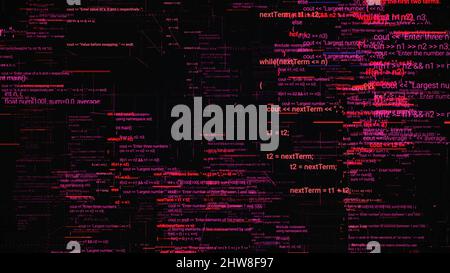Code de programme abstrait écrit et déplacé dans l'espace virtuel.Caméra se déplaçant dans le code de l'ordinateur sur fond noir. Banque D'Images