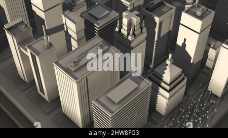 Animation abstraite d'un modèle architectural 3D à l'échelle du grand centre-ville moderne sur fond blanc.Animation 3D simple rendue en 4K Banque D'Images