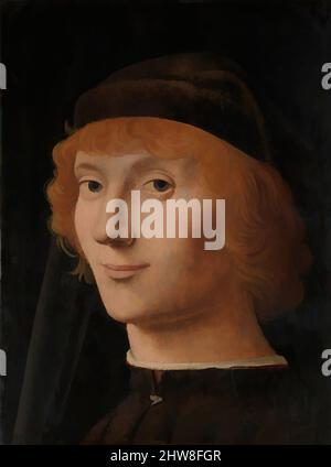 Art inspiré par Portrait d'un jeune homme, ca. 1470, huile sur bois, 10 5/8 x 8 1/8 po. (27 x 20,6 cm), peintures, Antonello da Messina (Antonello di Giovanni d'Antonio) (italien, Messina ca. 1430–1479 Messina), ce portrait hantant a été peint en Sicile vers 1470–72. Formé à Naples, les œuvres classiques modernisées par Artotop avec une touche de modernité. Formes, couleur et valeur, impact visuel accrocheur sur l'art émotions par la liberté d'œuvres d'art d'une manière contemporaine. Un message intemporel qui cherche une nouvelle direction créative. Artistes qui se tournent vers le support numérique et créent le NFT Artotop Banque D'Images