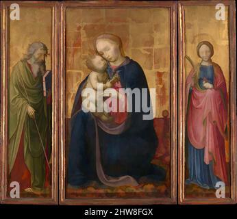 Art inspiré par Madonna et l'enfant avec les saints Philip et Agnes, ca. 1425–30, Tempéa sur bois, doré, panneau central, hors tout 23 1/2 x 13 1/8 po. (59,7 x 33,3 cm), surface peinte 23 1/8 x 12 3/4 po (58,7 x 32,4 cm); chaque aile, hors tout 23 5/8 x 6 po (60 x 15,2 cm), peint, oeuvres classiques modernisées par Artotop avec une touche de modernité. Formes, couleur et valeur, impact visuel accrocheur sur l'art émotions par la liberté d'œuvres d'art d'une manière contemporaine. Un message intemporel qui cherche une nouvelle direction créative. Artistes qui se tournent vers le support numérique et créent le NFT Artotop Banque D'Images