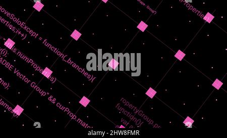 Arrière-plan rotatif avec grille et code de programme. Mouvement. La grille avec des carrés et le code de programme écrit pivote sur fond noir. Programmer les codes dans la grille. Banque D'Images