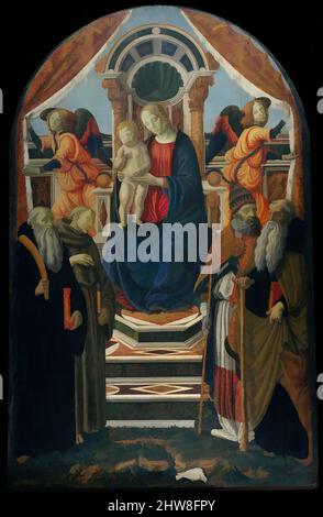 Art inspiré par Madonna et Child Enthroned avec Saints et Anges, Tempéra sur bois, haut voûté, 110 1/2 x 69 po. (280,7 x 175,3 cm), peintures, Francesco Botticini (Francesco di Giovanni) (italien, florentin, ca. 1446–1497), Botticini pratiquait un style éclectique, influencé, des œuvres classiques modernisées par Artotop avec une touche de modernité. Formes, couleur et valeur, impact visuel accrocheur sur l'art émotions par la liberté d'œuvres d'art d'une manière contemporaine. Un message intemporel qui cherche une nouvelle direction créative. Artistes qui se tournent vers le support numérique et créent le NFT Artotop Banque D'Images