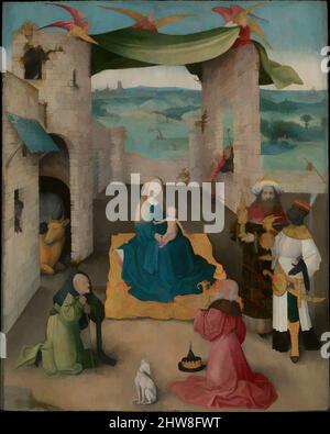 Art inspiré par l'adoration des Magi, ca. 1475, huile et or sur chêne, 28 x 22 1/4in. (71,1 x 56,5cm), peintures, Hieronymus Bosch (Netherlandish, Hertogenbosch ca. Hertogenbosch de 1450–1516), examen technique de nombreuses œuvres de Hieronymus Bosch a permis de moderniser, les œuvres classiques par Artotop avec un peu de modernité. Formes, couleur et valeur, impact visuel accrocheur sur l'art émotions par la liberté d'œuvres d'art d'une manière contemporaine. Un message intemporel qui cherche une nouvelle direction créative. Artistes qui se tournent vers le support numérique et créent le NFT Artotop Banque D'Images