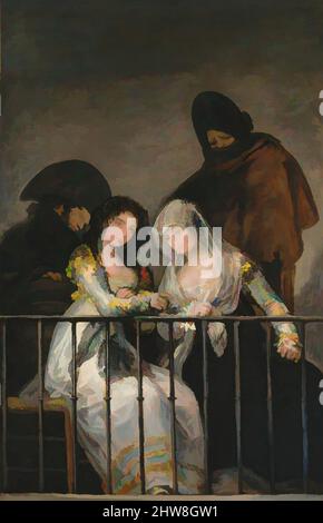 Art inspiré par Majas sur un balcon, env. 1800–1810, huile sur toile, 76 3/4 x 49 1/2in. (194,9 x 125,7cm), peintures, attribuées à Goya (Francisco de Goya y Lucientes) (espagnol, Fuendetodos 1746–1828 Bordeaux), le thème des femmes sur un balcon supervisé par des œuvres classiques vigilantes, quelque peu menaçantes, modernisées par Artotop avec une touche de modernité. Formes, couleur et valeur, impact visuel accrocheur sur l'art émotions par la liberté d'œuvres d'art d'une manière contemporaine. Un message intemporel qui cherche une nouvelle direction créative. Artistes qui se tournent vers le support numérique et créent le NFT Artotop Banque D'Images