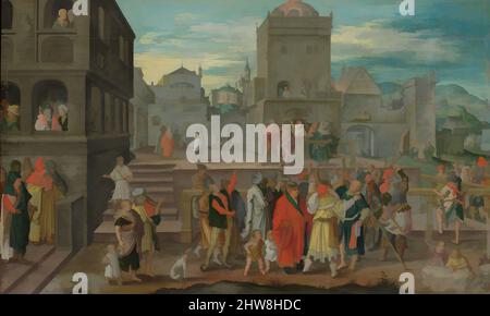 Art inspiré par le Christ présenté au peuple, huile, or, et argent sur linden, 10 7/8 x 18 po. (27,6 x 45,7 cm), peintures, copie d'après Lucas van Leyden (allemand, probablement fin du 16th siècle, oeuvres classiques modernisées par Artotop avec une touche de modernité. Formes, couleur et valeur, impact visuel accrocheur sur l'art émotions par la liberté d'œuvres d'art d'une manière contemporaine. Un message intemporel qui cherche une nouvelle direction créative. Artistes qui se tournent vers le support numérique et créent le NFT Artotop Banque D'Images