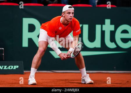 La Haye, pays-Bas. 04th mars 2022. DEN HAAG, PAYS-BAS - MARS 4: Tallon Griekspoor des pays-Bas dans son match simple contre Steven Diez du Canada pendant le qualificateur de coupe Davis 2022 entre les pays-Bas et le Canada au Sportcampus Zuiderpark le 4 mars 2022 à Den Haag, pays-Bas (photo par Andre Weening/Orange Pictures) crédit : Orange pics BV/Alay Live News Banque D'Images