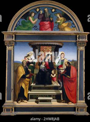 Art inspiré par Madonna et Child Enthroned avec Saints, ca. 1504, huile et or sur bois, panneau principal, hors tout 67 7/8 x 67 7/8 po. (172,4 x 172,4 cm), surface peinte 66 3/4 x 66 1/2 po (169,5 x 168,9 cm) ; lunette, hors tout 29 1/2 x 70 7/8 po (74,9 x 180 cm), surface peinte 25 1/2 x 67, oeuvres classiques modernisées par Artotop avec une touche de modernité. Formes, couleur et valeur, impact visuel accrocheur sur l'art émotions par la liberté d'œuvres d'art d'une manière contemporaine. Un message intemporel qui cherche une nouvelle direction créative. Artistes qui se tournent vers le support numérique et créent le NFT Artotop Banque D'Images