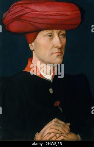 Art inspiré par Portrait d'un homme dans un Turban, huile sur bois, total 11 x 7 3/4 po. (27,9 x 19,7 cm); surface peinte 10 5/8 x 7 1/4 po (27 x 18,4 cm), peintures, peintre néerlandais (deuxième quart de 15th siècle), ce jeune homme porte un turban rouge, connu sous le nom de chaperon; son tenue, œuvres classiques modernisées par Artotop avec un peu de modernité. Formes, couleur et valeur, impact visuel accrocheur sur l'art émotions par la liberté d'œuvres d'art d'une manière contemporaine. Un message intemporel qui cherche une nouvelle direction créative. Artistes qui se tournent vers le support numérique et créent le NFT Artotop Banque D'Images