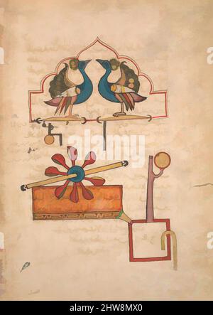 Art inspiré par le Design for the Water Clock des paons', du Kitab fi ma'rifat al-hiyal al-handasiyya (Livre de la connaissance des dispositifs mécaniques ingénieux) par Badi' al-Zaman b. al Razzaz al-Jazari, daté de A.H. 715/A.D. 1315, attribuée à la Syrie ou à l'Irak, encre, aquarelle opaque, oeuvres classiques modernisées par Artotop avec un peu de modernité. Formes, couleur et valeur, impact visuel accrocheur sur l'art émotions par la liberté d'œuvres d'art d'une manière contemporaine. Un message intemporel qui cherche une nouvelle direction créative. Artistes qui se tournent vers le support numérique et créent le NFT Artotop Banque D'Images