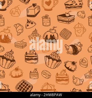 Motif sans couture avec gaufres, croissants, gâteaux, desserts à la crème et petits gâteaux sur fond orange. Illustration vectorielle. Gribouillages linéaires dessinés à la main pour Illustration de Vecteur