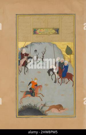 Art inspiré par Bahram Gur sur le Chase', Folio 10R d'un Haft Paikar (sept Portraits) du Khamsa (Quintet) de Nizami, ca. 1430, fabriqué en Afghanistan d'aujourd'hui, Herat, encre, aquarelle opaque et or sur papier, page : H. 11 po. (27,9 cm), CODICES, Bahram Gur sur le point de tuer le Lion, oeuvres classiques modernisées par Artotop avec un peu de modernité. Formes, couleur et valeur, impact visuel accrocheur sur l'art émotions par la liberté d'œuvres d'art d'une manière contemporaine. Un message intemporel qui cherche une nouvelle direction créative. Artistes qui se tournent vers le support numérique et créent le NFT Artotop Banque D'Images