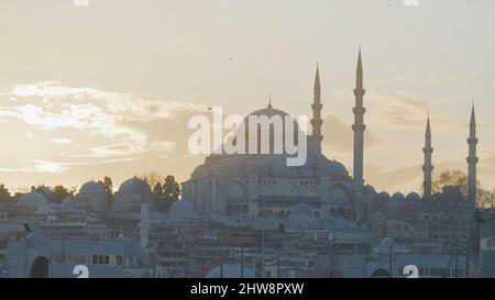 Vue magnifique sur la majestueuse mosquée en arrière-plan de l'aube. Action. La mosquée antique surplombe la région d'Istanbul en arrière-plan du crépuscule. Belle mousse Banque D'Images