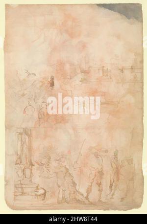 Art inspiré par la page d'un carnet de croquis représentant une ville sous siège et une scène d'hommage(?) (Recto); figures debout et un cavalier; figures mâles et femelles; une scène de bataille (verso), 1520s, stylo et encre brune; au sommet, traces d'un croquis en craie rouge (recto); stylo et encre marron clair, œuvres classiques modernisées par Artotop avec une touche de modernité. Formes, couleur et valeur, impact visuel accrocheur sur l'art émotions par la liberté d'œuvres d'art d'une manière contemporaine. Un message intemporel qui cherche une nouvelle direction créative. Artistes qui se tournent vers le support numérique et créent le NFT Artotop Banque D'Images