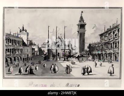 Art inspiré par la Piazza San Marco, en regardant vers la basilique, ca. 1804–28, stylo et encre brune, lavage gris, 4 15/16 x 8 3/8 po. (12,5 x 21,2 cm), dessins, Giacomo Guardi (italien, Venise (?) 1764–1835 Venise (?)), c'est l'un des dessins d'une série, tous en stylo et encre, et lavage gris, les oeuvres classiques modernisées par Artotop avec un peu de modernité. Formes, couleur et valeur, impact visuel accrocheur sur l'art émotions par la liberté d'œuvres d'art d'une manière contemporaine. Un message intemporel qui cherche une nouvelle direction créative. Artistes qui se tournent vers le support numérique et créent le NFT Artotop Banque D'Images