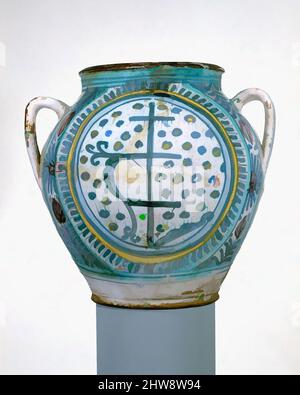 Art inspiré par le pot Apothecary (orciuolo), deuxième moitié du siècle 15th, italien, probablement Toscane, Maiolica (faïence émaillée), hauteur : 11 3/16 po. (28,4cm), céramique-poterie, oeuvres classiques modernisées par Artotop avec un peu de modernité. Formes, couleur et valeur, impact visuel accrocheur sur l'art émotions par la liberté d'œuvres d'art d'une manière contemporaine. Un message intemporel qui cherche une nouvelle direction créative. Artistes qui se tournent vers le support numérique et créent le NFT Artotop Banque D'Images