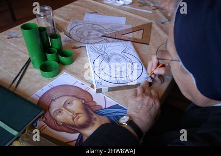 FARA Sabina (Rieti), Italie 28/06/2022: Monastère des pauvres ermites de Clare, cours pour apprendre à peindre le visage du Christ dans la tradition des icônes byzantines. ©Andrea Sabbadini Banque D'Images