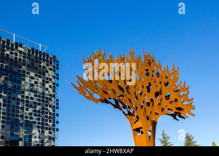 Arbre stylisé, évoquant un pin parapluie, en acier corten et jusqu'à 6 mètres de haut. Siège social du département de Herault 'Alco 2'. Oeuvre de l'artiste plastique Jordi. Montpellier, Occitanie, France Banque D'Images