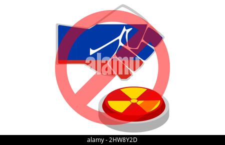 Appuyez à la main sur le bouton de démarrage. Poing dans les couleurs du drapeau russe prêt à lâcher une bombe atomique ou nucléaire. Illustration de Vecteur