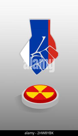 Appuyez à la main sur le bouton de démarrage. Poing dans les couleurs du drapeau russe prêt à lâcher une bombe atomique ou nucléaire. Illustration de Vecteur