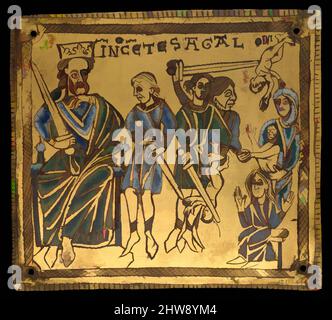 Art inspiré par la plaque avec le massacre des innocents, ca. 1150, fabriqué en Saxe, Allemagne, allemand, émail de Champlevé, cuivre doré, Total : 4 1/2 x 5 1/8 x 1/8 pouces (11,4 x 13 x 0,3 cm), émaux-Champlevé, l'artiste de cette plaque a utilisé des postures dramatiques et distordues à, oeuvres classiques modernisées par Artotop avec une touche de modernité. Formes, couleur et valeur, impact visuel accrocheur sur l'art émotions par la liberté d'œuvres d'art d'une manière contemporaine. Un message intemporel qui cherche une nouvelle direction créative. Artistes qui se tournent vers le support numérique et créent le NFT Artotop Banque D'Images