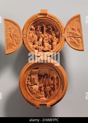 Art inspiré par la perle de prière avec la Crucifixion et Jésus avant le Pilate, début du 16th siècle, Netherlandish, Boxwood, ouvert: 4 7/8 × 3 3/4 × 1 1/4 po. (12,4 × 9,6 × 3,2 cm), Sculpture-miniature-Bois, oeuvres classiques modernisées par Artotop avec une touche de modernité. Formes, couleur et valeur, impact visuel accrocheur sur l'art émotions par la liberté d'œuvres d'art d'une manière contemporaine. Un message intemporel qui cherche une nouvelle direction créative. Artistes qui se tournent vers le support numérique et créent le NFT Artotop Banque D'Images