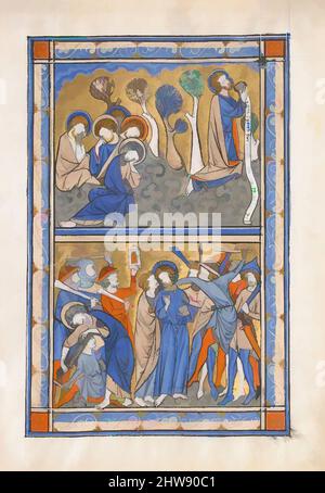 Art inspiré par la feuille de manuscrit avec l'agonie dans le jardin et trahison du Christ, d'un Psalter royal, ca. 1270, Britannique, Tempera et or sur parchemin, total: 9 1/4 x 6 1/2 po. (23,5 x 16,5 cm), manuscrits et illuminations, cette feuille manuscrite faisait autrefois partie d'un livre de, œuvres classiques modernisées par Artotop avec une touche de modernité. Formes, couleur et valeur, impact visuel accrocheur sur l'art émotions par la liberté d'œuvres d'art d'une manière contemporaine. Un message intemporel qui cherche une nouvelle direction créative. Artistes qui se tournent vers le support numérique et créent le NFT Artotop Banque D'Images