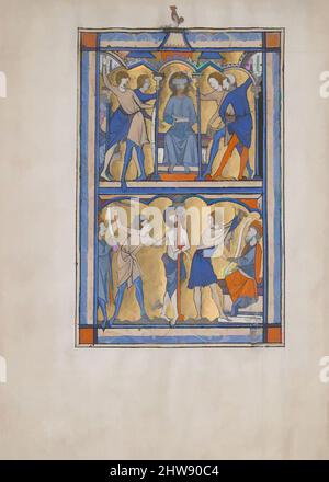 Art inspiré par la feuille de Manuscript avec la moquerie et la flagellation du Christ, d'un Psalter royal, 13th siècle, britannique, Tempéra et or sur parchemin, global (folio): 11 1/4 x 8 1/8 po. (28,5 x 20,7 cm), manuscrits et illuminations, oeuvres classiques modernisées par Artotop avec une touche de modernité. Formes, couleur et valeur, impact visuel accrocheur sur l'art émotions par la liberté d'œuvres d'art d'une manière contemporaine. Un message intemporel qui cherche une nouvelle direction créative. Artistes qui se tournent vers le support numérique et créent le NFT Artotop Banque D'Images