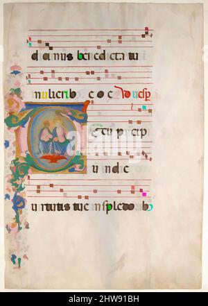 Art inspiré par la feuille de Manuscript avec la Trinité dans un T initial, d'un Antiphonaire, deuxième demi 15th-siècle, fait à Florentine, Italie, Italien, Tempéra, Encre et or sur papier parchemin, total : 22 3/8 x 15 9/16 po. (56,8 x 39,5 cm), manuscrits et illuminations, Maître de la, oeuvres classiques modernisées par Artotop avec une touche de modernité. Formes, couleur et valeur, impact visuel accrocheur sur l'art émotions par la liberté d'œuvres d'art d'une manière contemporaine. Un message intemporel qui cherche une nouvelle direction créative. Artistes qui se tournent vers le support numérique et créent le NFT Artotop Banque D'Images