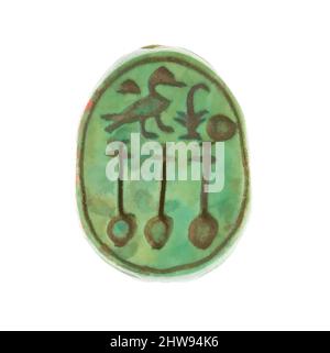 Art inspiré par Scarab inscrit pour la fille du roi Neferure, Nouveau Royaume, dynastie 18, ca. 1479–1458 av. J.-C., d'Égypte, haute-Égypte, Thèbes, Deir el-Bahri, Temple de Hatshepsut, dépôt de fondation 7 (G), 1926–27, Steatite (vitrifié), L. 1,6 cm (5/8 po); w. 1,3 cm (1/2 po); h. 0,6 (1/, oeuvres classiques modernisées par Artotop avec une touche de modernité. Formes, couleur et valeur, impact visuel accrocheur sur l'art émotions par la liberté d'œuvres d'art d'une manière contemporaine. Un message intemporel qui cherche une nouvelle direction créative. Artistes qui se tournent vers le support numérique et créent le NFT Artotop Banque D'Images