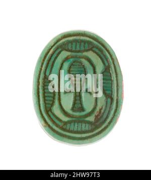 Art inspiré par Scarab inscrit avec un motif hiéroglyphique, Nouveau Royaume, dynastie 18, début, ca. 1479–1458 av. J.-C., d'Égypte, haute-Égypte, Thèbes, Deir el-Bahri, Temple de Hatshepsut, dépôt de fondation 7 (G), 1926–27, Steatite (vitrifié), L. 1,4 cm (9/16 po); w. 1,1 cm (7/16 po); h. 0,6, œuvres classiques modernisées par Artotop avec une touche de modernité. Formes, couleur et valeur, impact visuel accrocheur sur l'art émotions par la liberté d'œuvres d'art d'une manière contemporaine. Un message intemporel qui cherche une nouvelle direction créative. Artistes qui se tournent vers le support numérique et créent le NFT Artotop Banque D'Images