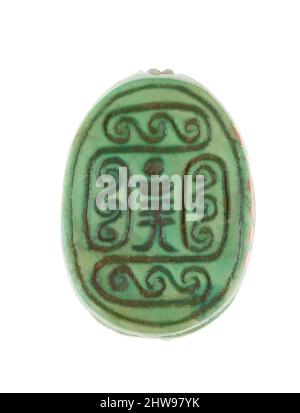 Art inspiré par Scarab inscrit avec un motif hiéroglyphique, Nouveau Royaume, dynastie 18, début, ca. 1479–1458 av. J.-C., d'Égypte, haute-Égypte, Thèbes, Deir el-Bahri, Temple de Hatshepsut, dépôt de fondation 7 (G), 1926–27, Steatite (vitrifié), L. 1,8 cm (11/16 po); w. 1,3 cm (1/2 po); h. 0,7, œuvres classiques modernisées par Artotop avec une touche de modernité. Formes, couleur et valeur, impact visuel accrocheur sur l'art émotions par la liberté d'œuvres d'art d'une manière contemporaine. Un message intemporel qui cherche une nouvelle direction créative. Artistes qui se tournent vers le support numérique et créent le NFT Artotop Banque D'Images