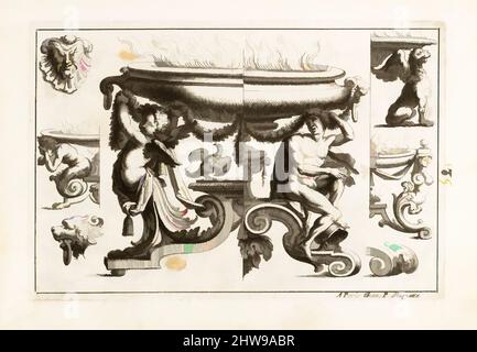 Art inspiré par les Desseins de Brasiers dont les ornements peuent Seruir aux Cuuettes, tables, et autres Ourages d'Orfeuerie, planche 5, 1660–1713, Etching, plaque: 6 1/4 × 9 5/16 po. (15,9 × 23,7 cm), Alexis Loir (français, 1640–1713), planche 5 d'une série de dessins pour braziers, tables, oeuvres classiques modernisées par Artotop avec une touche de modernité. Formes, couleur et valeur, impact visuel accrocheur sur l'art émotions par la liberté d'œuvres d'art d'une manière contemporaine. Un message intemporel qui cherche une nouvelle direction créative. Artistes qui se tournent vers le support numérique et créent le NFT Artotop Banque D'Images