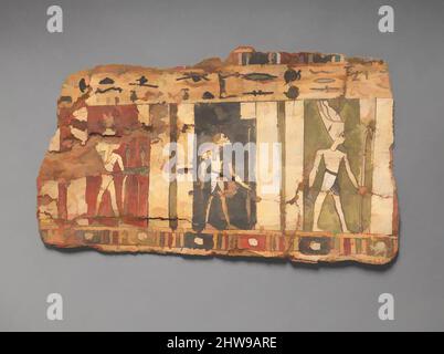 Art inspiré par un fragment de cartonnage représentant trois divinités, période Ptoléméenne--période romaine, 200 BC–200 AD, Cartonnage, H. 20,5 cm (8 1/16 po); L. 34,4 cm (13 9/16 in.), conçu pour encaser une momie, ce tonnage est composé d'environ sept couches de lin plaquées ensemble, Classic œuvres modernisées par Artotop avec une touche de modernité. Formes, couleur et valeur, impact visuel accrocheur sur l'art émotions par la liberté d'œuvres d'art d'une manière contemporaine. Un message intemporel qui cherche une nouvelle direction créative. Artistes qui se tournent vers le support numérique et créent le NFT Artotop Banque D'Images